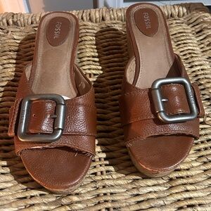 Fossil Women's Brown Buckle Wedge Sandel Size 7.5